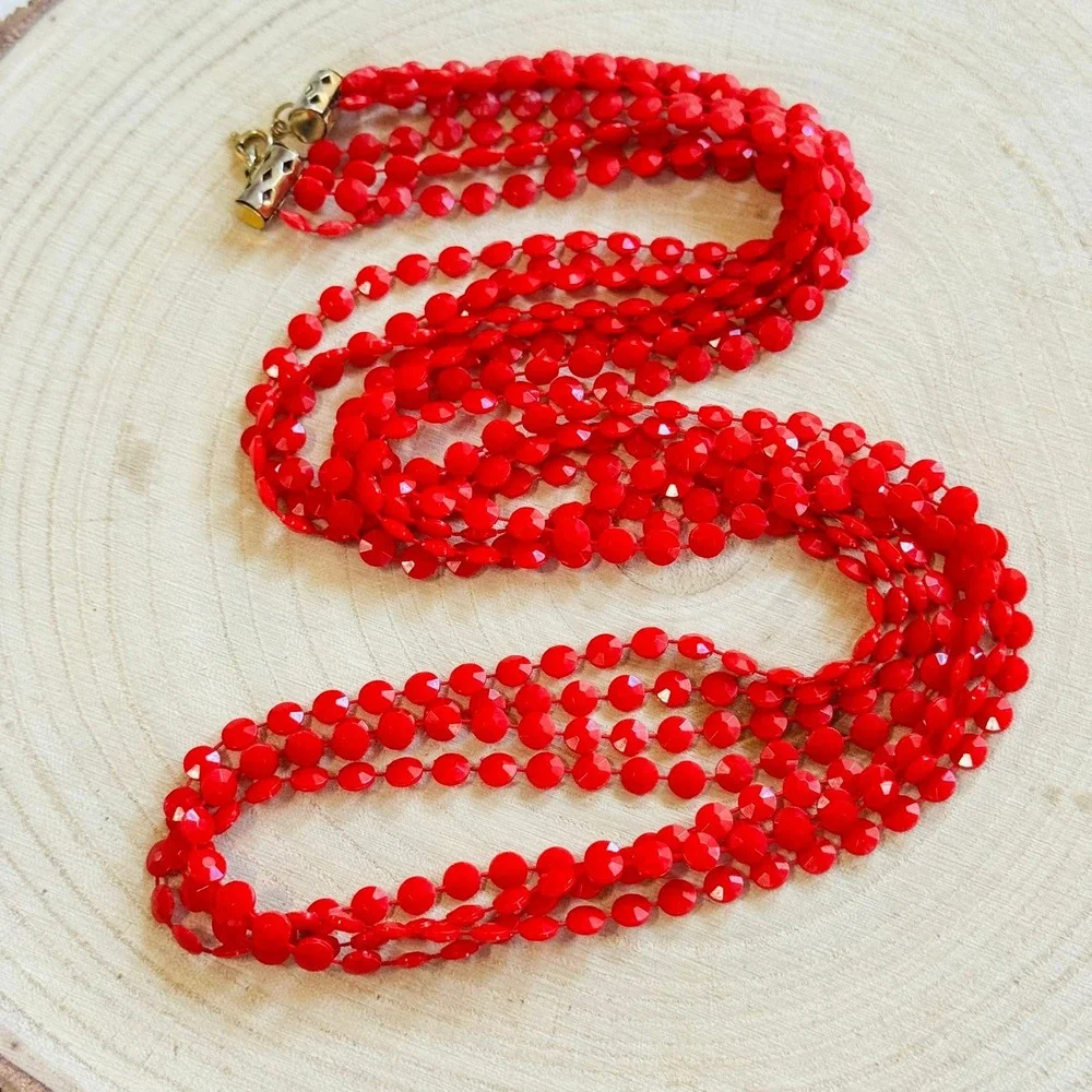 VTG Retro 60s Lucite multi beaded necklace bright red beads‎ Long Statement 36
